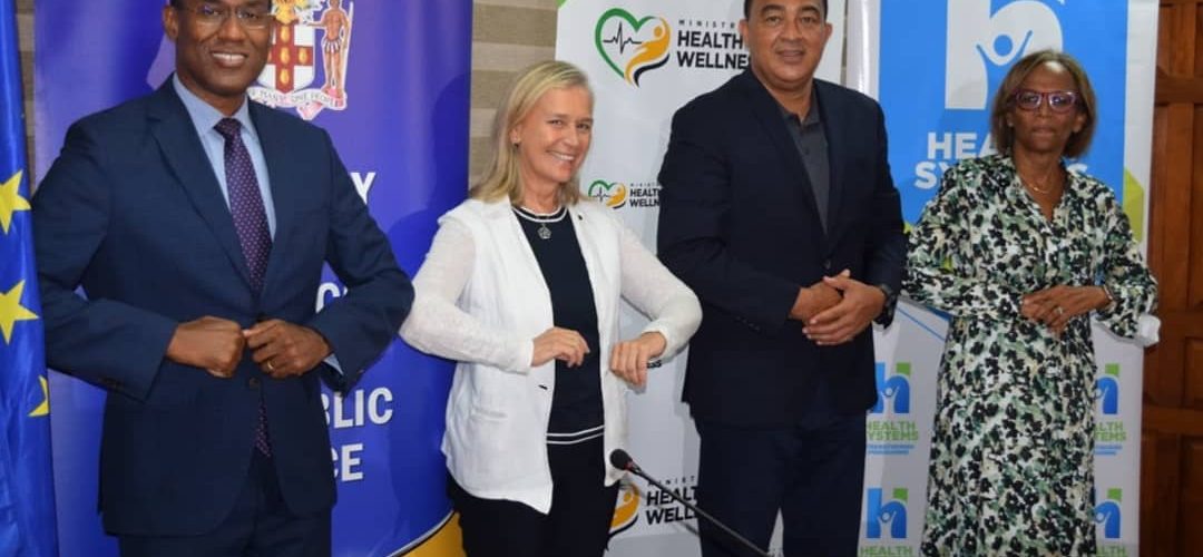 Minister of Finance and the Public Service, Dr. the Hon. Nigel Clarke (left) in discussion with Minister of Health and Wellness, Dr. the Hon. Christopher Tufton (3rd from left) share a photo moment with Her Excellency Marianne Van Steen, European Ambassador to Jamaica, The European Union (2nd from left) and Mrs. Therese Turner-Jones, General Manager, Country Department, Caribbean Group.