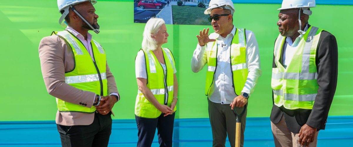 (L-R)Orett Clarke, Programme Manager, Health Systems Strengthening Programme (HSSP); Natacha Marzolf, IDB Country Representative for Jamaica; Dr Christopher Tufton, Minister of Health and Wellness; and Lascelles Brown, Acting Regional Director, South East Regional Health Authority (SERHA), join in conversation at the groundbreaking ceremony for the Expansion of the Greater Portmore Health centre